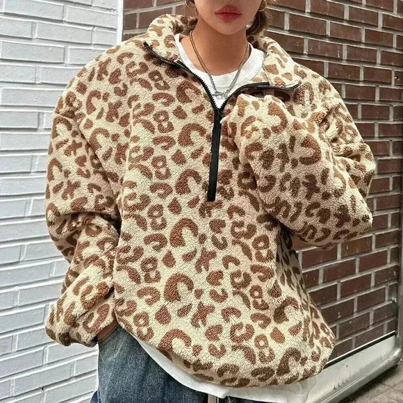 Apricot Casual Women's Leopard Print Basic Long Sleeve Sweatshirt - Picture 1 of 9